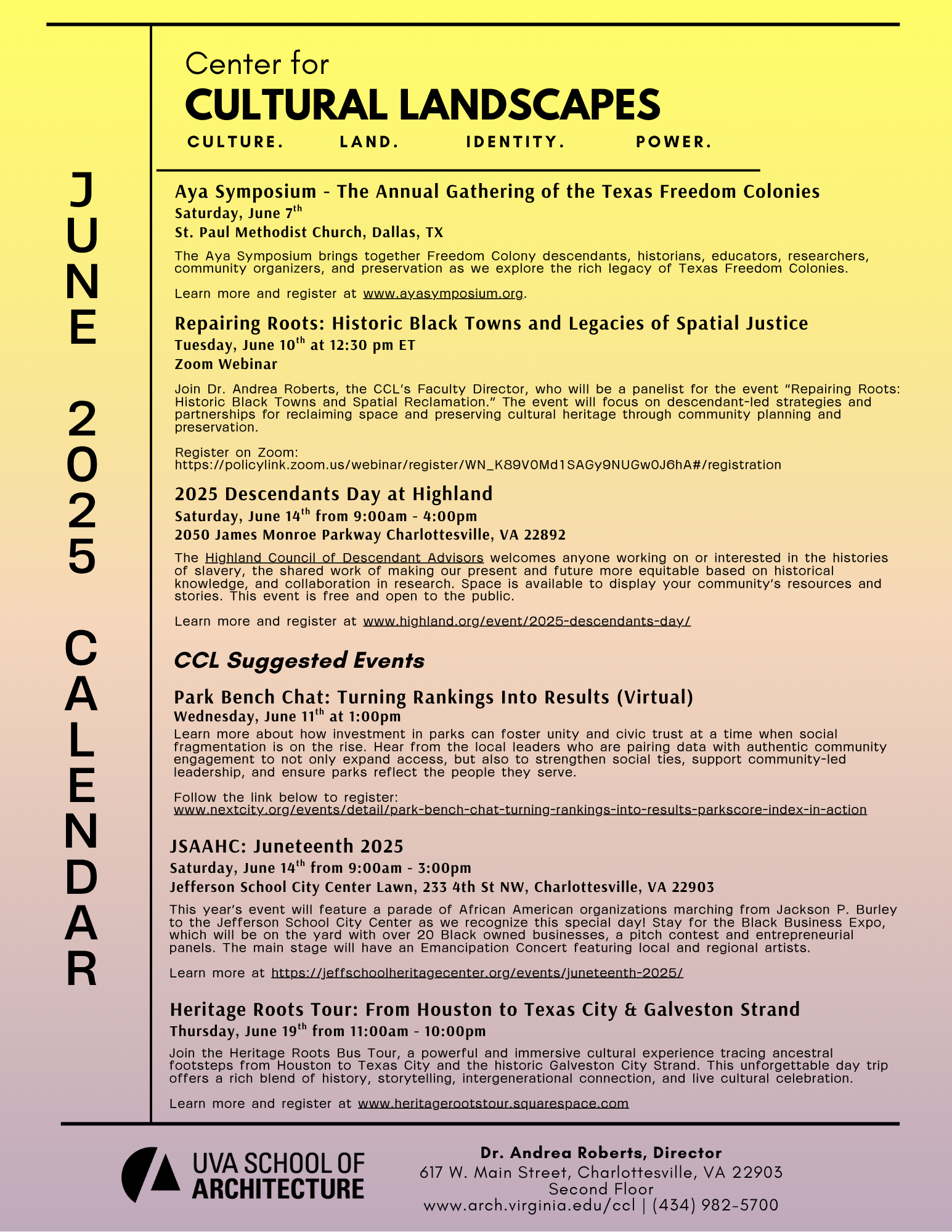 A list of events held in June associated with or suggested by the Center for Cultural Landscapes