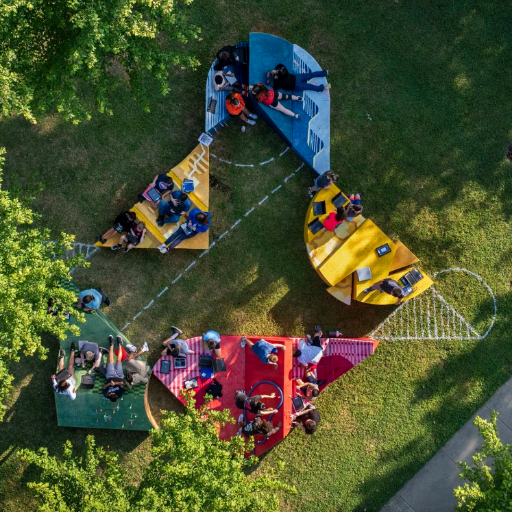 Aerial view of installation of colorful outdoor furniture as part of Exhibit Columbus exhibition