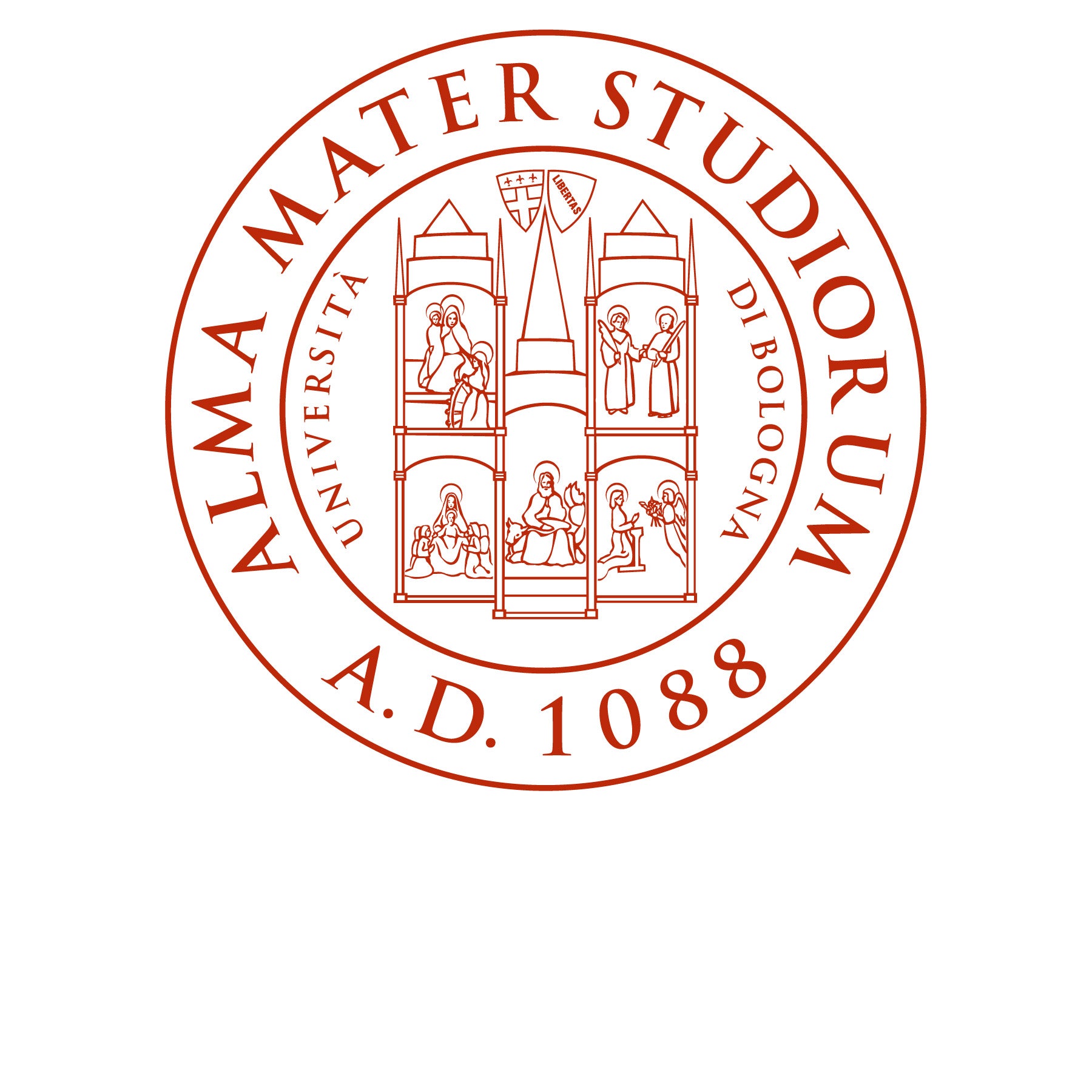 official seal for the University of Bologna contains a red line drawing of a building and text in a circular design