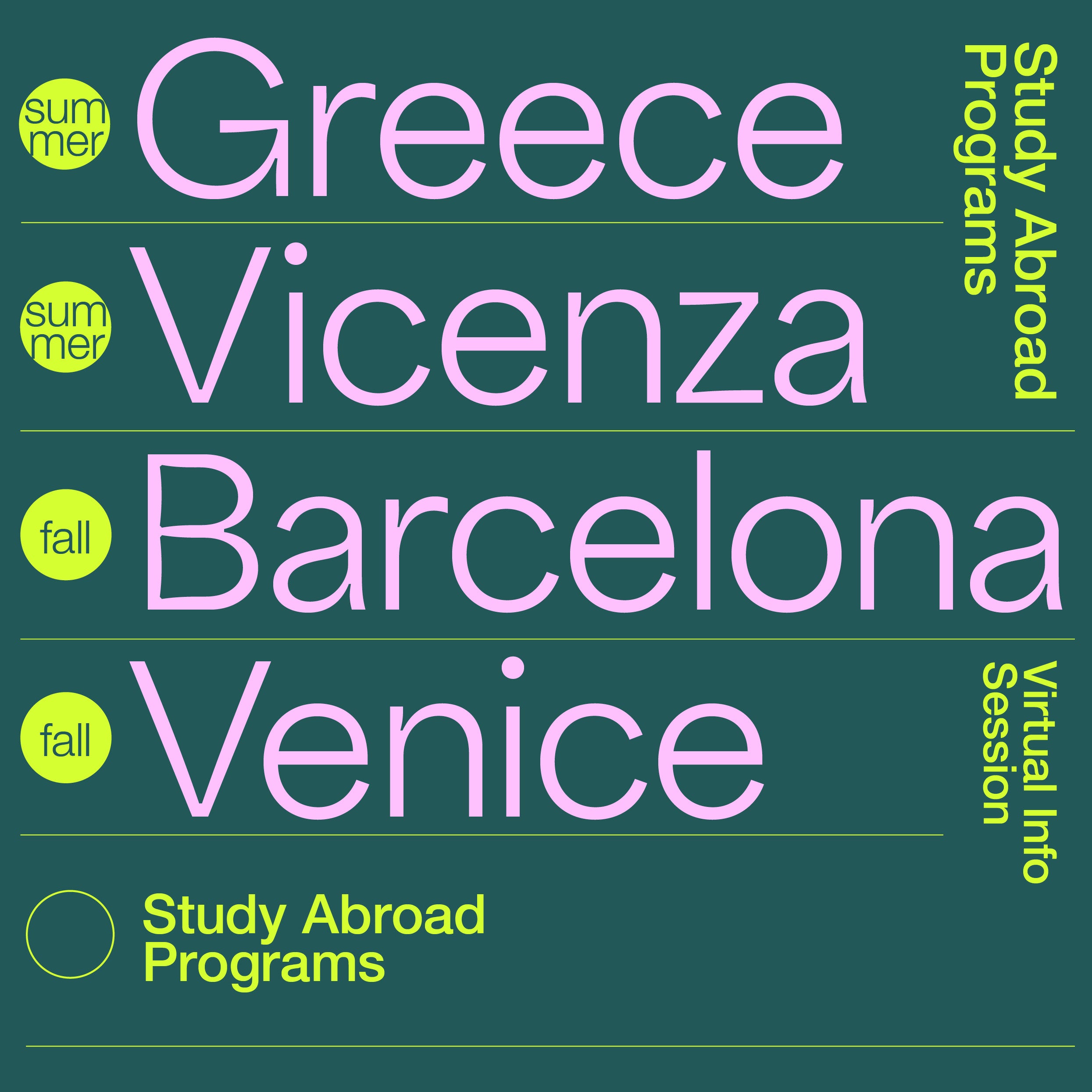 Study Abroad Information Session Thumbnail Graphic with the words Greece, Vicenza, Barcelona, and Venice