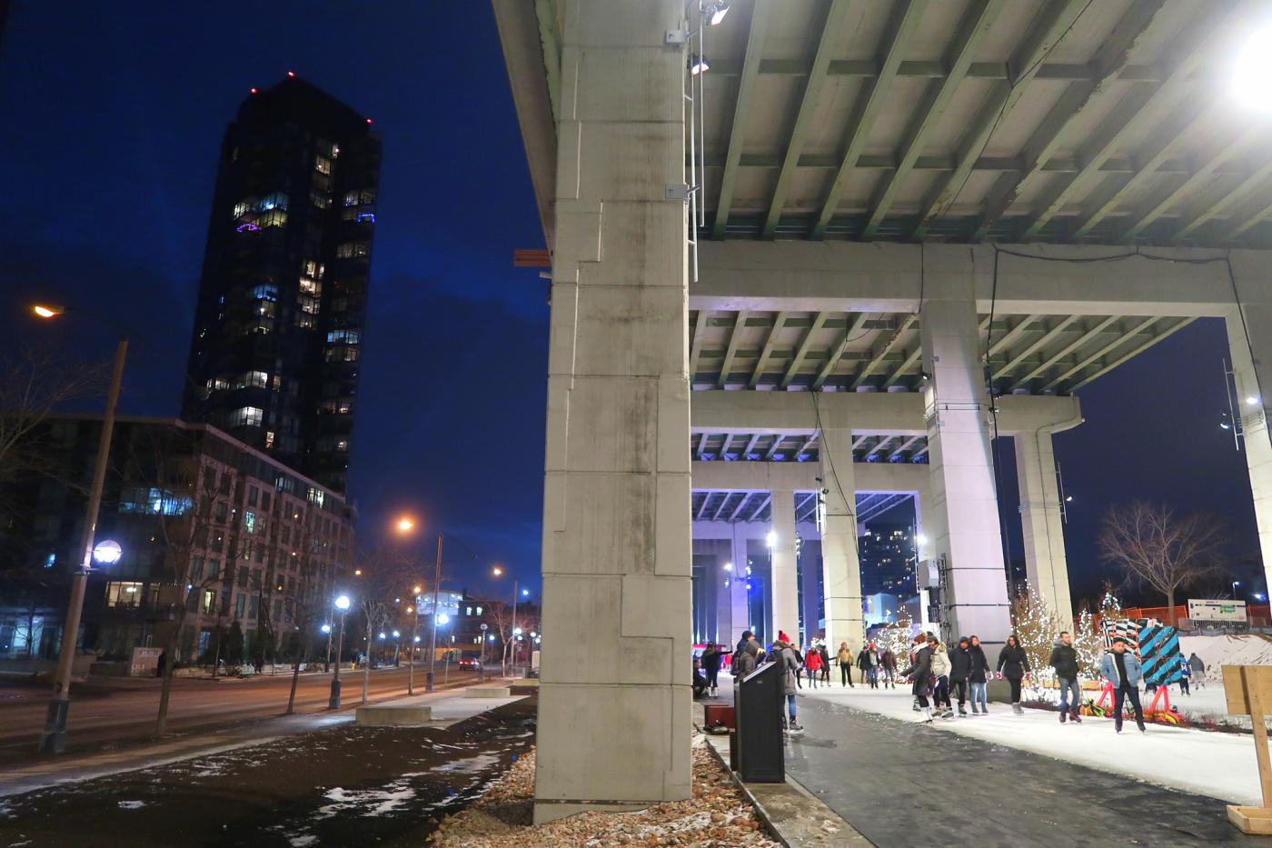 Ice skating path under the Gardiner Expressway in Toronto.