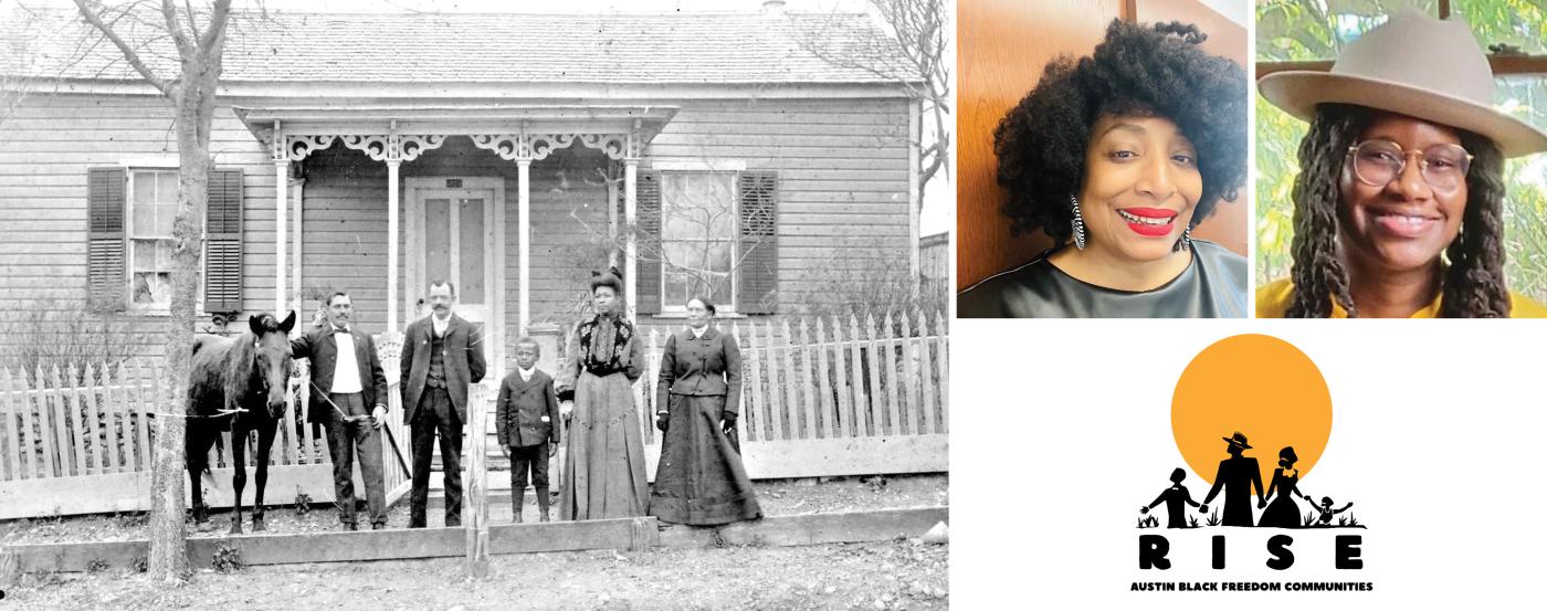 OPI Grantee Outreach Production - historic image of Austin Black Freedom Communities; headshots of Rise film producer and director; and logo