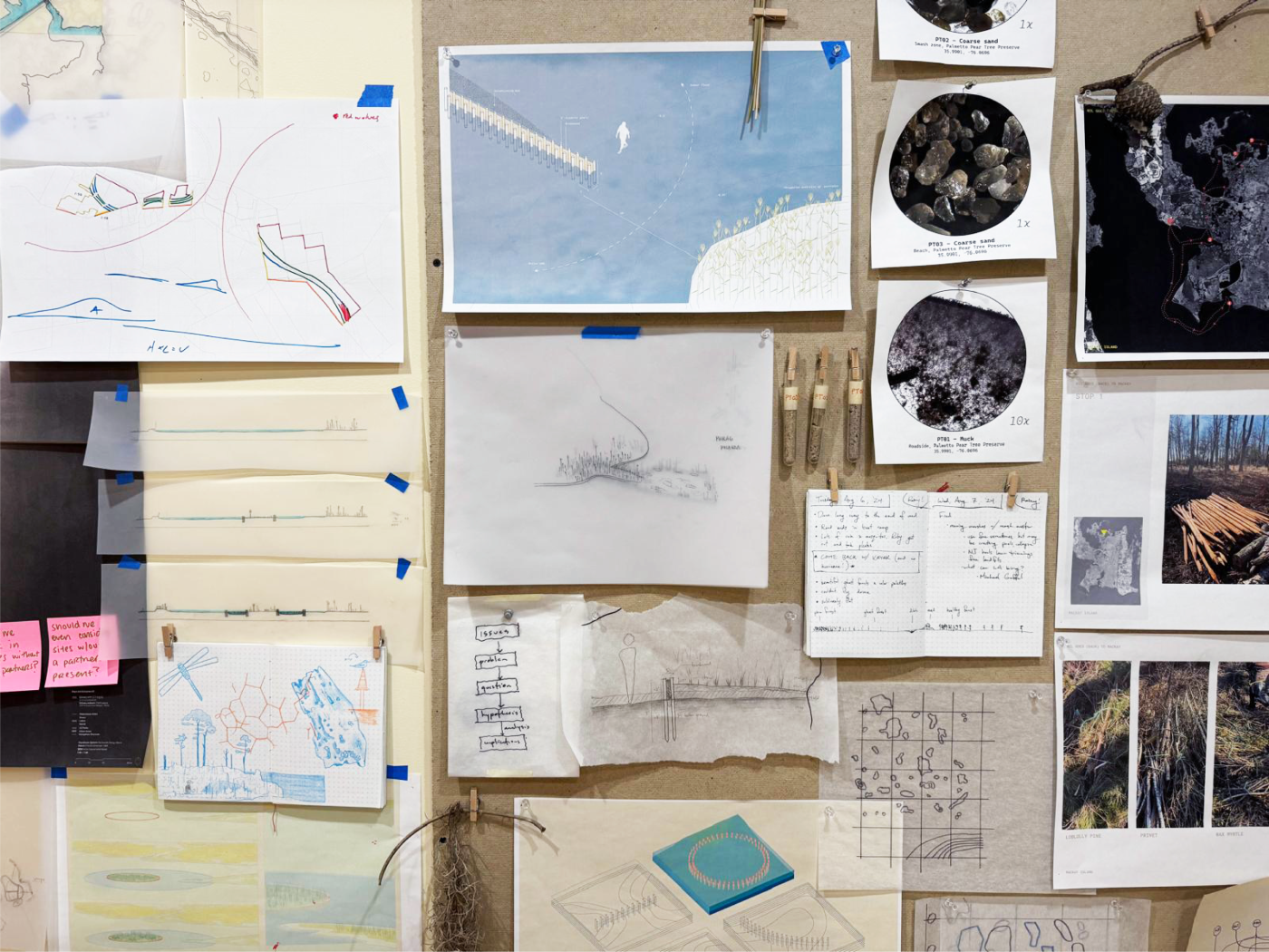 wall pinned with many drawings and photos that are field studies of the land.