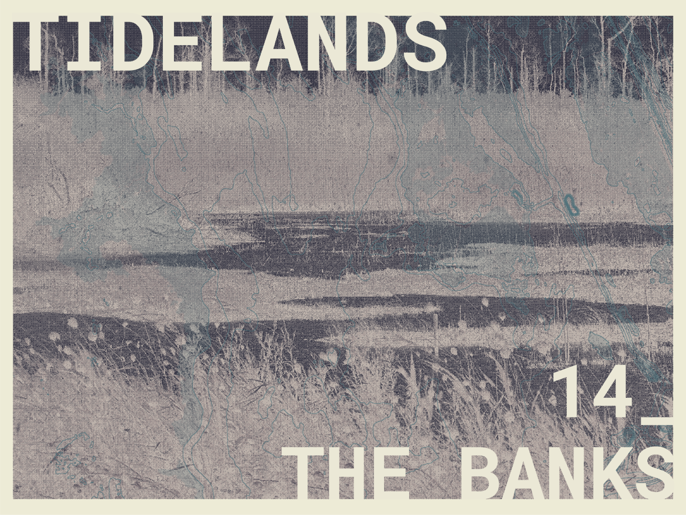 Drawing in greyscale of coastal marsh with trees in background and grasses in front. Subtle map in blue overlays the drawing.