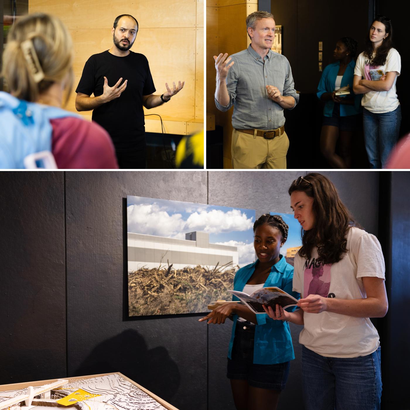 Three images - two of people presenting research and one of two people viewing an exhibition