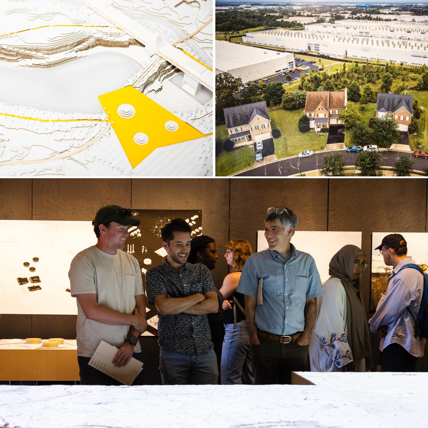 Three images - one of a model detail, one aerial photography of Northern Virginia neighborhood with data center near by and one of three people viewing an exhibition