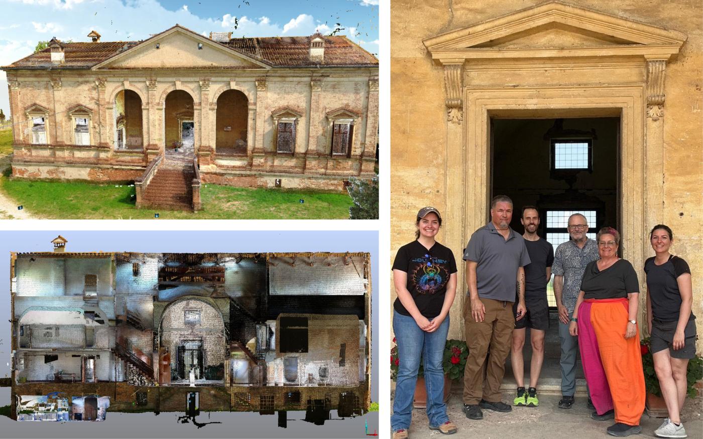 Digital scans of interior and exterior of old villa (on left side); and image of 6 people standing outside a villa entrance (on right side)