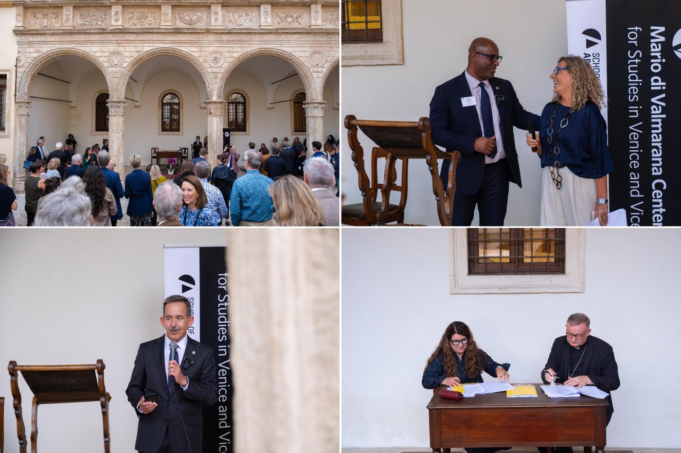 Four images of crowd gathering at a building signing ceremony in Vicenza - images include speakers and the bishop ceremonially signing a document