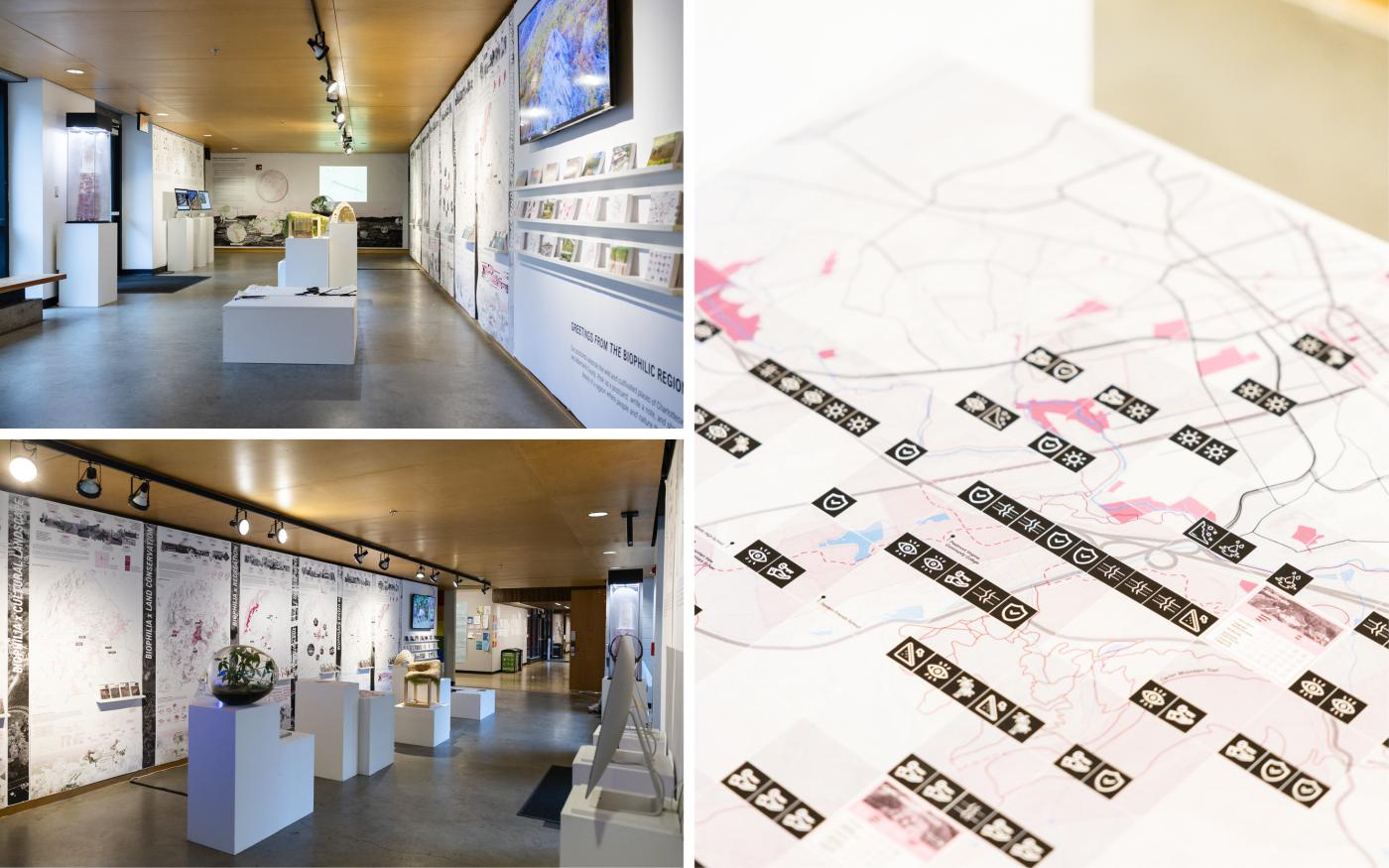 two images of a long corridor with artwork and one image of a map with icons
