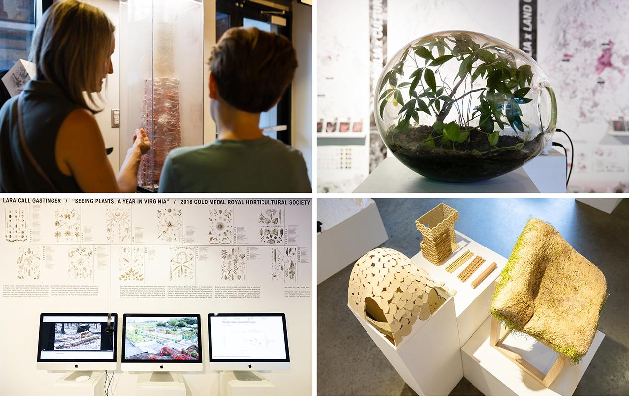 Grid of images of wood models, stool, plants, and drawings.