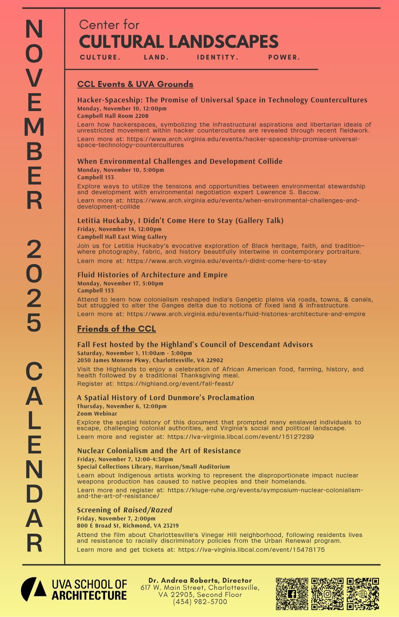 A list of events from the CCL and friends and affiliates taking place in November 2025