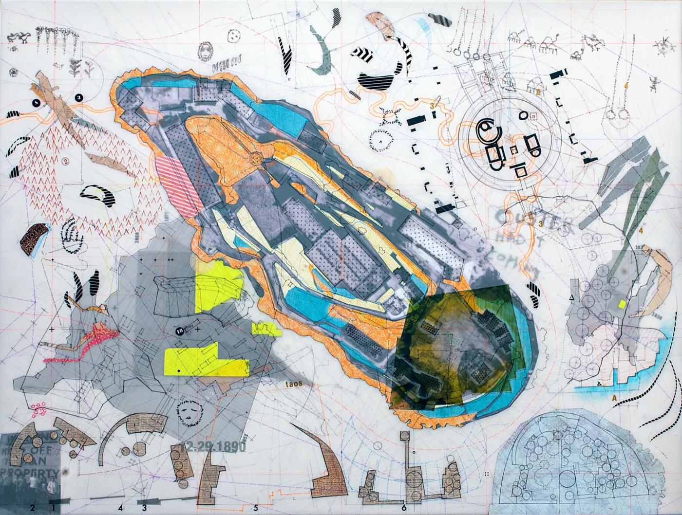 Drawing by Chris Cornelius multilayered collage of Alcatraz island with storytelling elements
