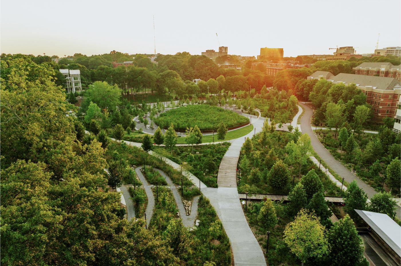 Overhead view of the EcoCommons Project on Georgia Tech's campus with view of Atlanta's skyline in the background