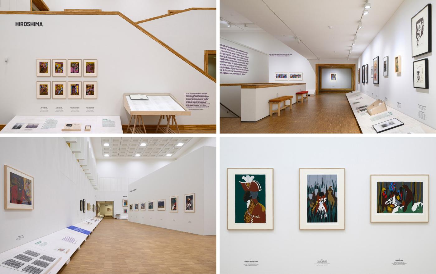 four different views of art exhibition on two floors with white walls and colorful paintings