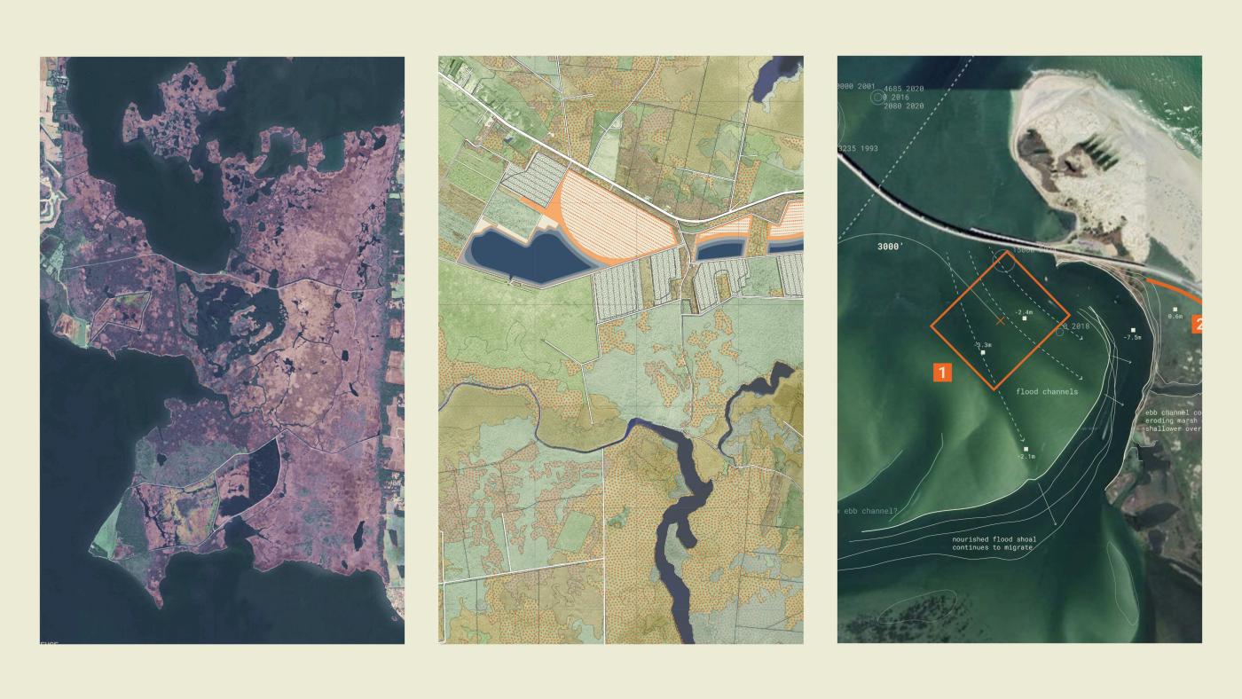Three aerial maps of sites along the outer banks