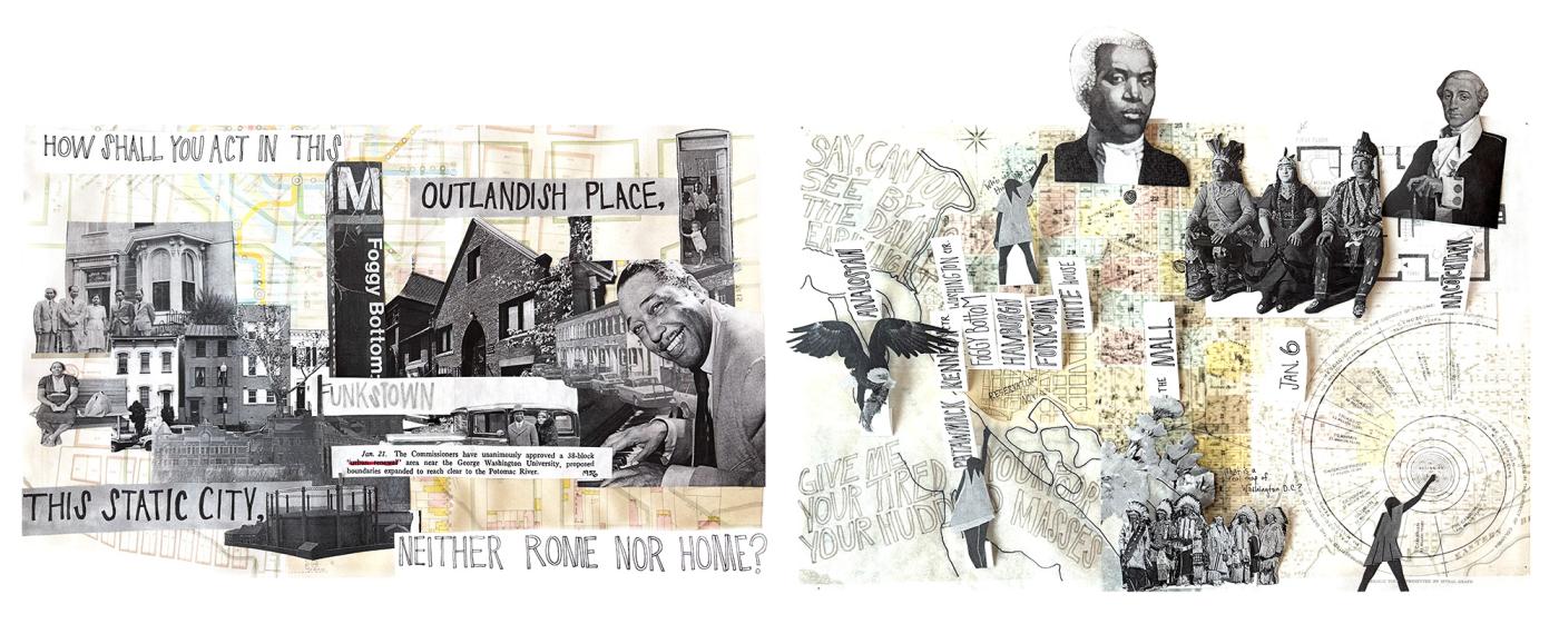 collage of handdrawn text, black and white images of historic figures and buildings