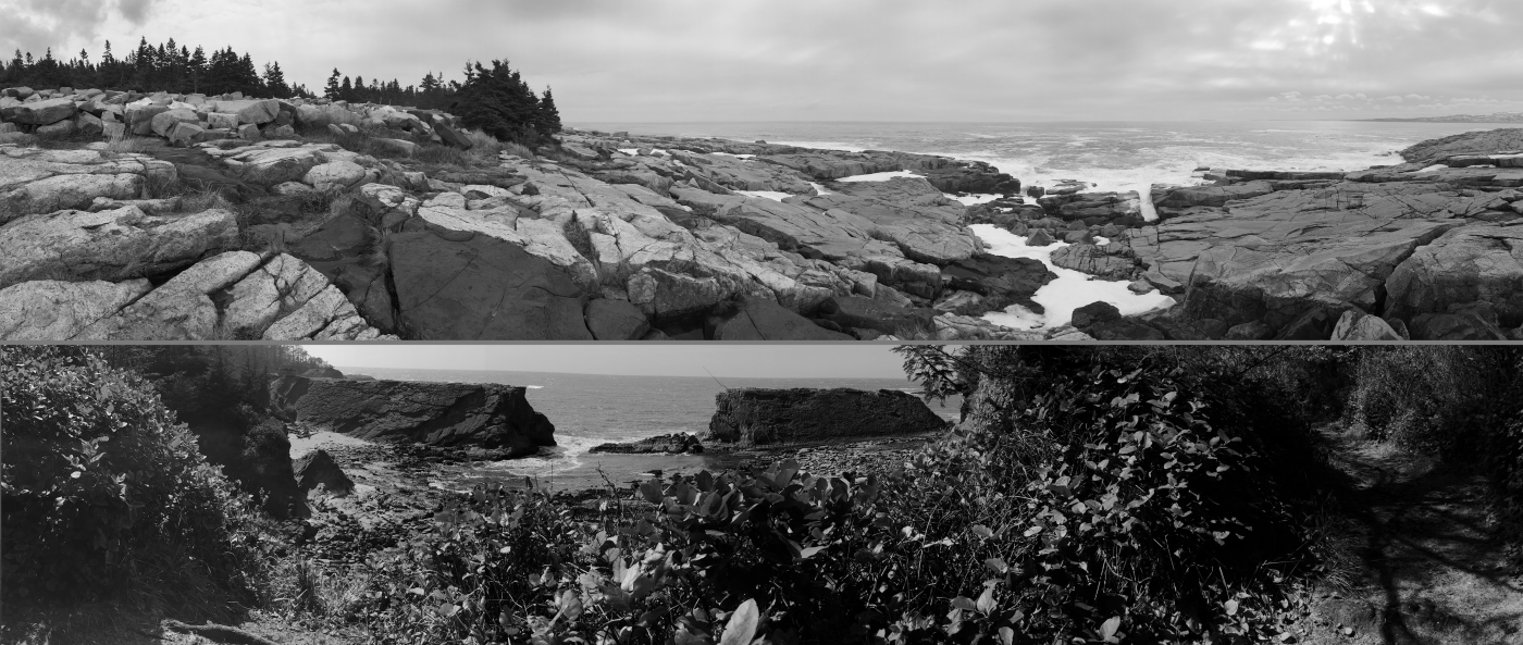 Black and White photos of vistas of Acadia National Park including mountains, sky and water's edge