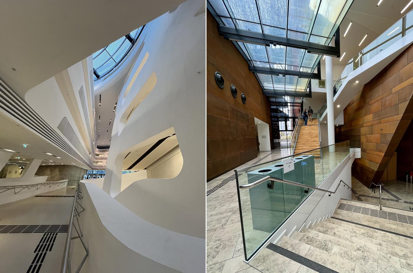 Two images of interiors of buildings in Vienna with skylights