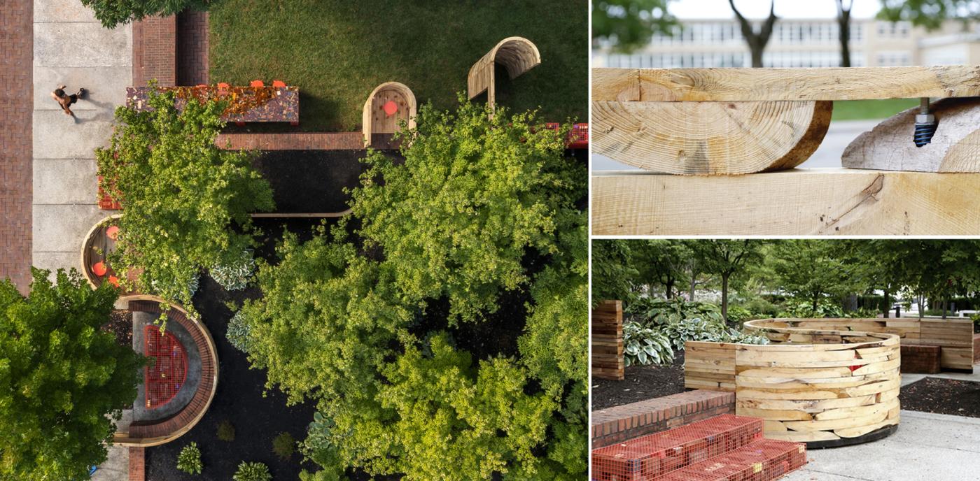 Composite images of installation of timber curved wall with detail of joinery