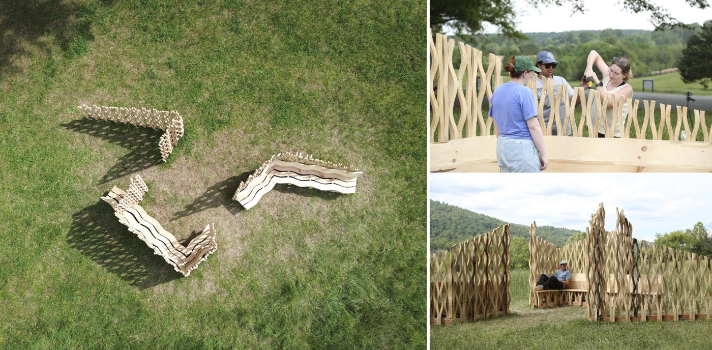 Composite images of outdoor structure made of lattice wood elements